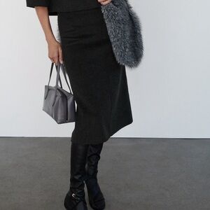 Mango Elegant Black Pencil Skirt WOOL MIDI-SKIRT WITH SLIT